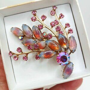 Vintage Brooch with Matching Earrings Art Glass Pink Rhinestones Floral Spray